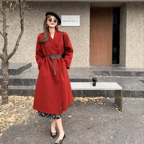 Real Wool coat Long Cardigan Cassic Solid Loose Fit Double-faced Wool Outerwear with Belt Women Clothing mujer chaqueta