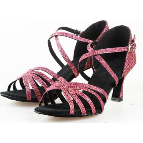 Comfortable Latin Dance Shoes Women Sequin Cloth Soft Sole Ballroom Dancing Shoes for Girls/Ladies Purple Color Heel 5/7cm A165