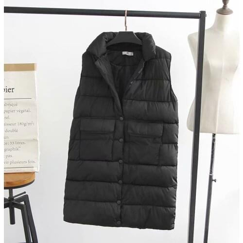 Plus size solid black sleeveless long women winter vest coat 2020 new casual ladies big pockets parka jackets female