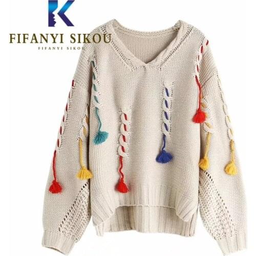 Autumn Winter Women Knitted Sweater Fashion Tassel V-Neck Long Sleeve Warm Knit Pullover Loose Sweaters Female Jumpers Tops