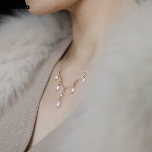 Docona Trendy Gold Chain Pearl Pendant Necklace for Women Girl Long Charms Choker Necklace Party Accessories Collares 8791