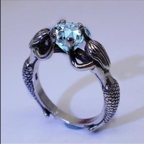 Exquisite Black Mermaid Hold Crystal Rings For Woman Fashion Simple Bridal Engagement Wedding Ring Anniversary Gift Fine Jewelry