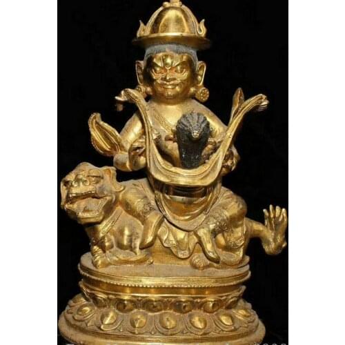 11" Old Tibet Copper Gild Buddhism Mandkesvara Yab-Yum Ride Lion Buddha Statue