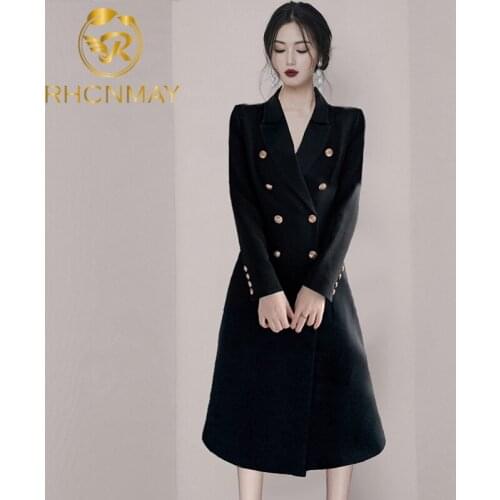 2020 Autumn Long Sleeve Double Pearl Buttons Office Work Dress Ladies Sheer Elegant Dress Winter Black Blazer Dresses for Women