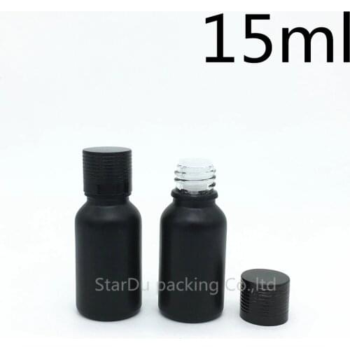 Free Shipping 200pcs 15ML Black Frosted Glass Bottle 15ml Vials Essential Oil Bottle black Aluminum screw cover Perfume bottle