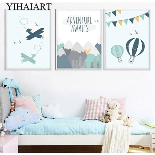 Child Adventure Poster Print Airplane Balloon Cartoon Wall Art Canvas Canvas Painting Nordic Kids Boy Bedroom Decorative Picture