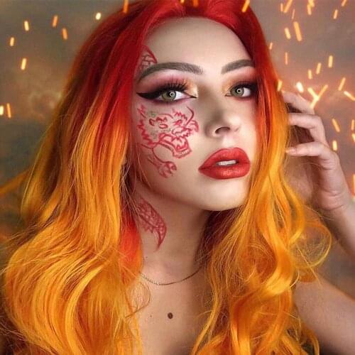 Long Wavy Lace Front Wig Ombre Red Orange Synthetic Wig Bright Fire Color Wigs for Women Free Part 180% Density Cosplay Wig 24