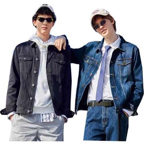 Fashion denim jacket Japanese and Korean mens casual denim jacket lapel stand collar cotton coat jacket dark blue