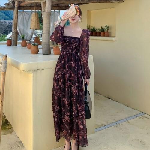French Elegant Square Neck Long Sleeve Pleated Floral Chiffon Maxi Dress 2021 autumn New Korean One-Piece Fashion WomenS Dress