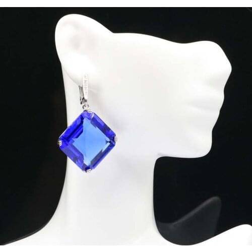 45x29mm Princess Cut Big Square Gemstone 23g Created Rich Blue Violet Tanzanite Green Peridot Ladies Dating Silver Earrings