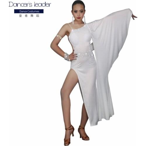 New Latin dance elegant high split dance skirt Latin dance oblique shoulder slim skirt Latin dance rumba white competition suit