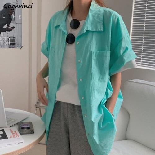 Shirts Women Solid Thin Simple Casual Short Sleeve Trendy Turn-down Collar Summer Blouse Female Loose Straight Korean Streetwear