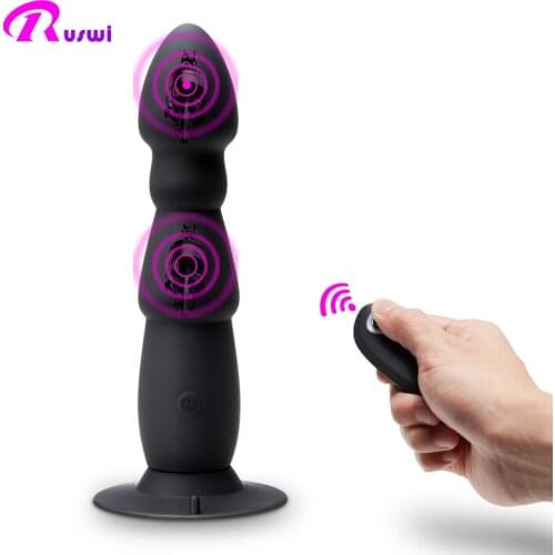 Ruswi 10 Speed USB charge Silicone Adult Sex Toy Wireless Remote Control Anal Plug Vibrator with Strong Sucker Curved Bead
