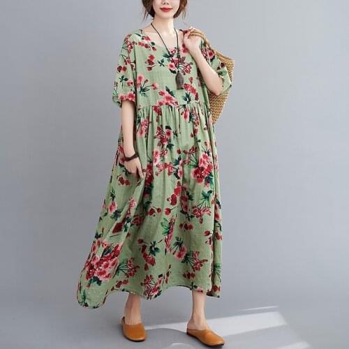 Print Floral Prairie Chic Vintage Dress Print Floral Thin Cotton Linen Loose Summer Dress Plus Size Women Travel Casual Dress