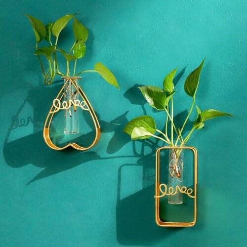 Modern Iron Golden Hydroponic Glass Vase Wall Holder Flowerpot Home Decoration Creative Metal Geometric Living Room Wall Vase