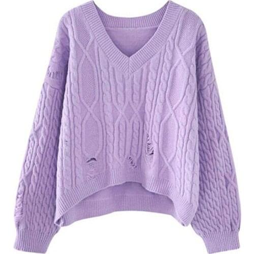 New Arrival 2021 Autumn Winter Hole V Neck Sweater Women Korean Fashion Loose Short Pullover Knitwear Female Knitted Casual Tops