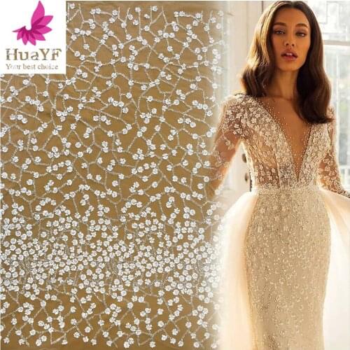 Gorgeous White Flower Bridal Tulle Lace With Crystal Sequins Beads Fabric For Wedding Dress HY1577-1