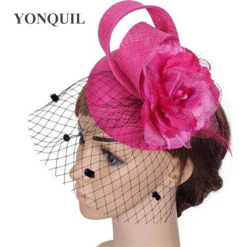 Hot Pink Fascinator With Black Birdcage Veil Imitation Sinamay Fascinators Hats Bridal Hair Accessories High Quality 15 Colors