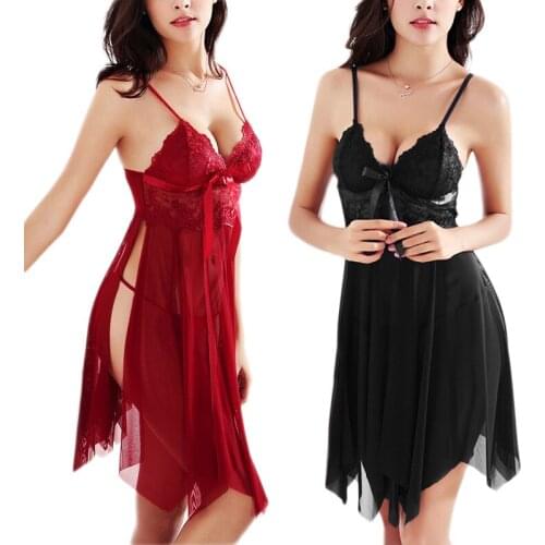 Sale Sleepwear Lace Dress Black Red Women High Slit Sexy Pajamas Lingerie Nightdress with T Back Brief