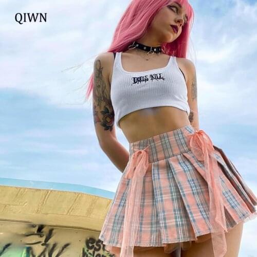 Goth Pink Mesh Plaid Pleated Skirt Harajuku Sexy Hight Waist Patchwork Mini Skirts Grunge Y2K E Girl JK Skirt For Women