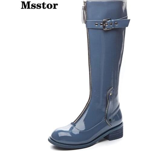 Zipper Rivet Knee High Boots Women Patent Leather Fashion Casual Women Boots 2019 Round Toe Black Square Heel Winter Shoes Women