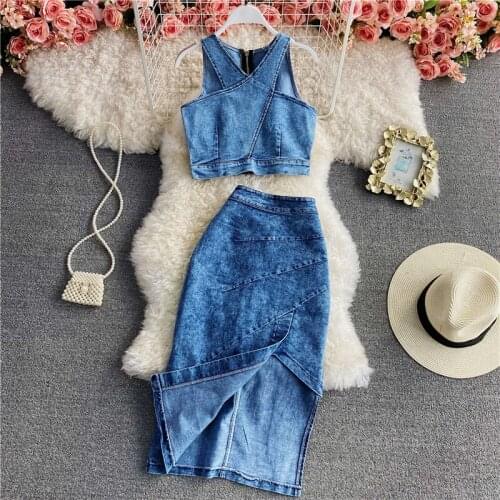 Womens Spring Summer Runway Fashion Blue Denim Top 2 pcs Jean Dress Female Chic Travel Vintage Party Dress TB890