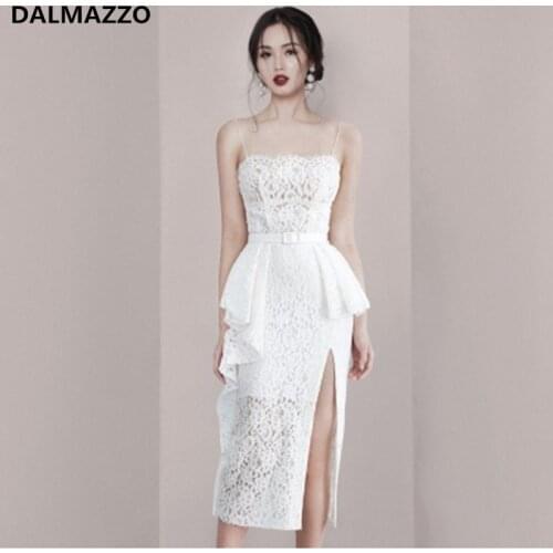 2021 Summer Designer Women Slash Neck Spaghetti Strap Beach Holiday Split Long Dress Ladies White Lace Sexy Vestidos Mujer XL