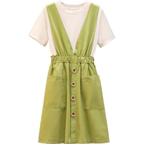 Summer Women Dresses New White Short-sleeved T-shirt Fruit Green Suspender Dress Two-piece Fashion Large Size Womens Suit J425