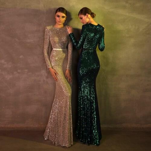 Wei yin AE0453 Black Muslim O Neck Long Sleeve Glitter Sequin Bling Green Mermaid Floor Length Prom Dresses Evening Dresses