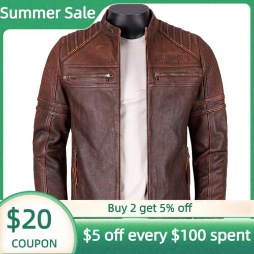 2021 Vintage Brown Motorcycle Style Genuine Leather Jacket Men Plus Size 5XL Real Thick Cowhide Autumn Slim Fit Biker Coat