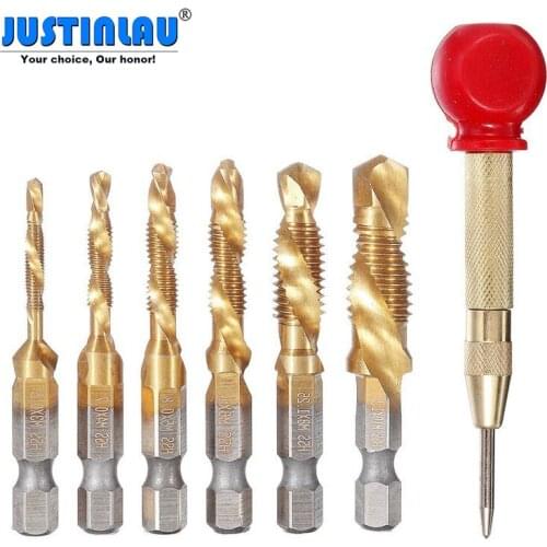 6Pcs M3-M10 Combination Drill Tap Bit Set HSS Titanium Coated Deburr Countersink Drill Bits with 1Pcs Automatic Center Punch