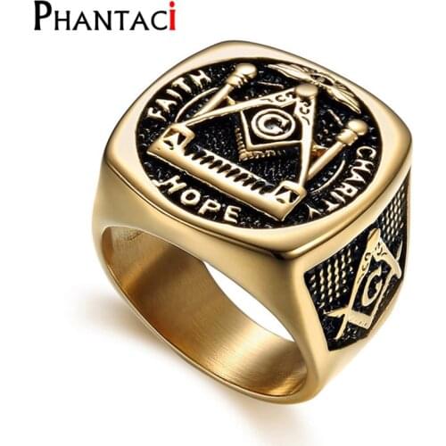 AG Stainless Steel Rings For Men Mason Freemasonry Retro Mens Ring Masonic Vintange Mens Rings Hiphop Gold Color Anillos Bague