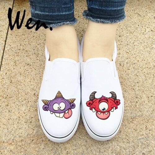 Wen Girl White Canvas Shoes Nifty Lovely Cartoon Little Monsters Cross-eyed Designs Slip On Unisex Sneakers Boy Single Shoes