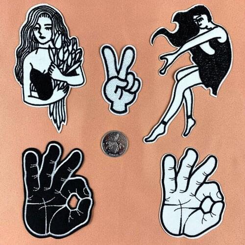 Black White Character Embroidery Cloth Patch Stickers OK Gesture Clothing Appliques DIY Sewing Supplies Thermo Adhesive Patches