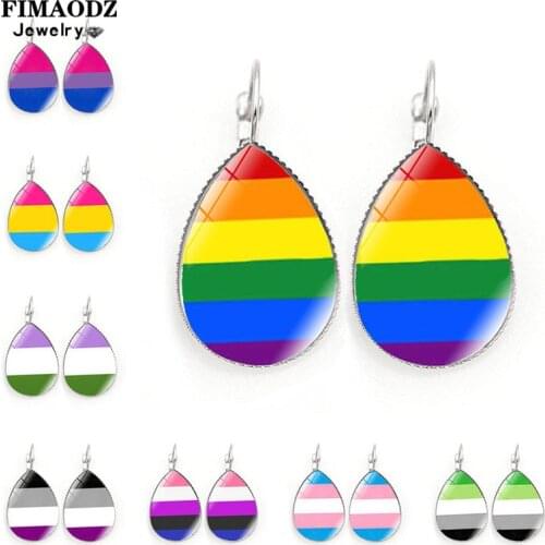 FIMAODZ Rainbow Gay Pride Earrings Lesbian Pansexual Transgender Pride LGBT Glass Cabochon Drop Earring Lovers Gift
