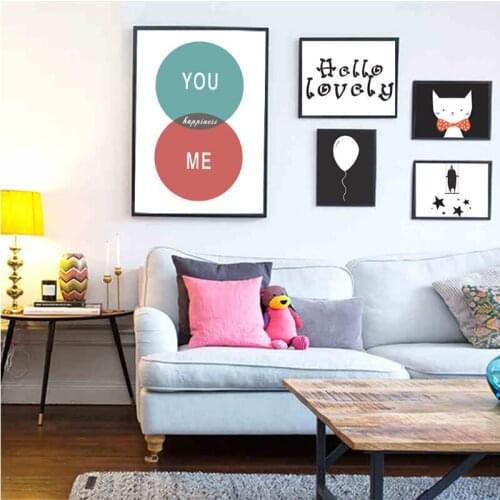 Minimalist Balloon Cartoon Cat Painting Wall Art Canvas Kids Room Nursery Wall Pictures for Living Room Home Decor No Frame