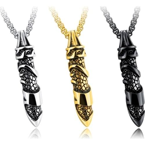 Punk Vintage Stainless Steel Silver Color Gold Black Dragon Carving Bullet Pendants Necklaces Mens Unisexs Jewelry Box Chain 24"