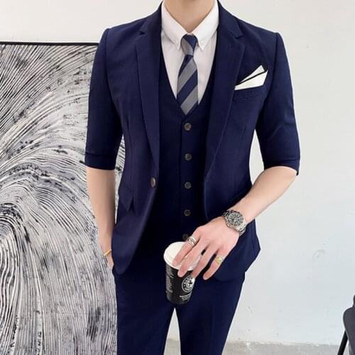 Gentleman British Style Mens Half Sleeve Blazer Pants Vest Trend Designer Wedding Dress Jacket Trousers Male Suit 3 Pcs Sets