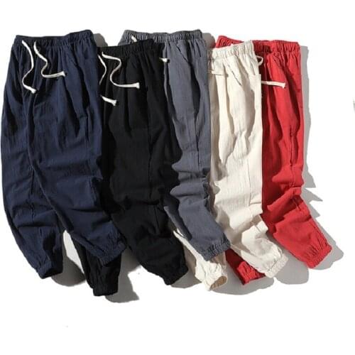 Mens Linen Pants Loose Thin Casual Pants Mens Cropped Solid Pants Harlan Cotton Pants 6 Colors