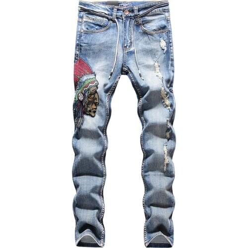 Mens Embroidered Ripped Jeans Plus Size Holes Distressed Stretch Denim Pants Slim Straight Embroidery Trousers