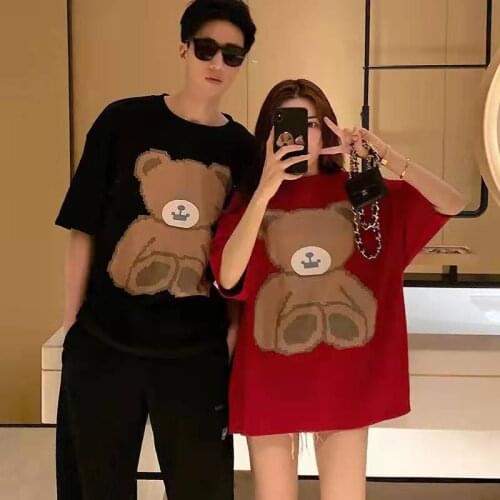 Couple Women T-shirt 2021 Summer Clothes Printed Bear Harajuku New O-neck Short-sleeved Oversize Shirt Plus Size Women Clothing