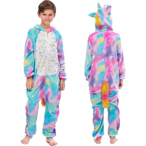 Rainbow Color Cartoon Pajama Kids Animal Onesie Winter Flannel Sleepwear Hooded Anime Kigurumi Cosplay Costume Party Fantasy