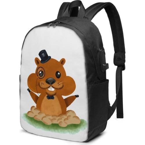 Elegant Groundhog Hat Monocle Women Men Backpack USB Charge School Bag For Girl Boy Travel Laptop Bookbag Daypack