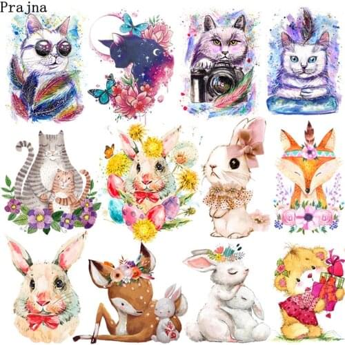 Prajna Cartoon Animal Iron-On Transfers For Clothing Stickers Cat Rabbit Heat Thermal Transfer For Clothes DIY Applique Print