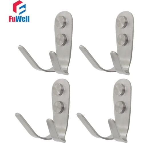 4pcs Double Hook Stainless Steel Hanger Wall Mount Coat Hooks for Kitchen Cabinet Bathroom Shower 2mm Thickness Hangers