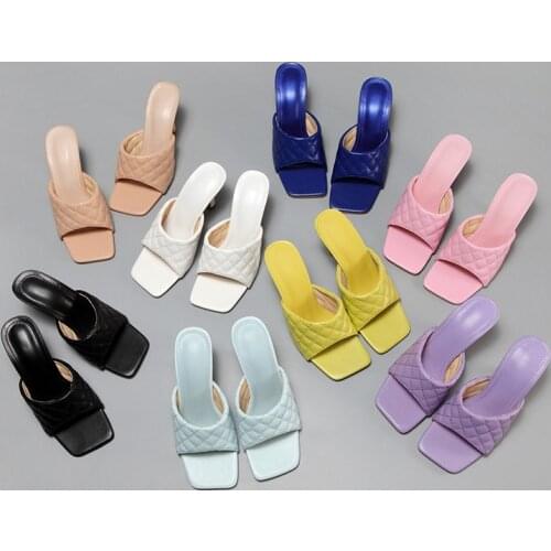 2021 New Womens Shoes Candy Color Fashion Square Pattern Spring And Summer High-heeled Ladies Sandals Zapatos De Mujer