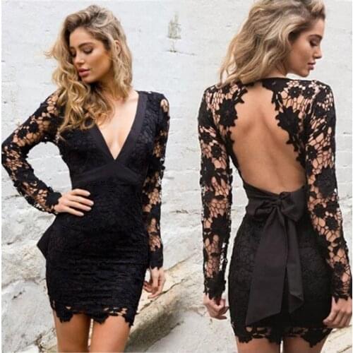2020 Deep V Neck Long Sleeve Dresses Womens Bodycon Patchwork Lace Transparent Design Dress Autumn Elegant Party Mini Slim Dress