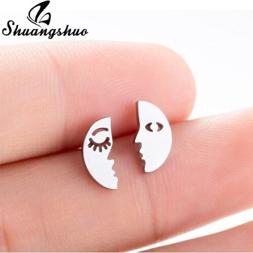 Shuangshuo Simple Moon Face Stud Earrings Crescent Half Moon Earring Ear Accessories for Women Fashion Stainless Steel Jewelry