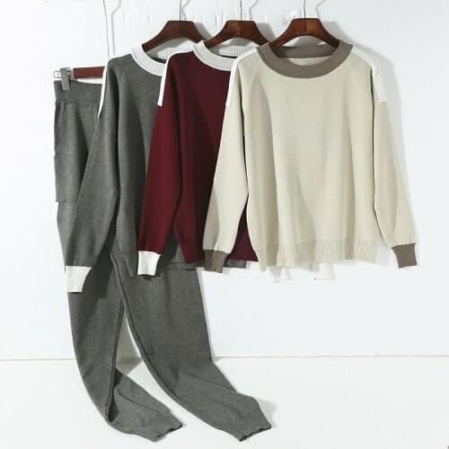 Amolapha Women Knitted Sweater Pullovers+Long Pants Suits Solid Long Sleeve Ladies Woman Casual Loose Jumpers Trousers 2PCS Sets