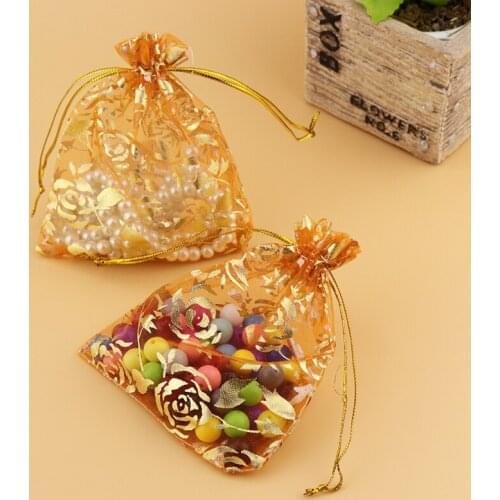 13x18cm (7.08"x5.11") 100pcs Orange Color Rose Christmas Wedding Candy Bags Organza Drawstring Jewelry Packing Cosmetic Pouches